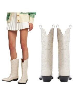 NEW Ganni Embroidered Western Pointed Toe Stacked Heels Boots White Size: 8